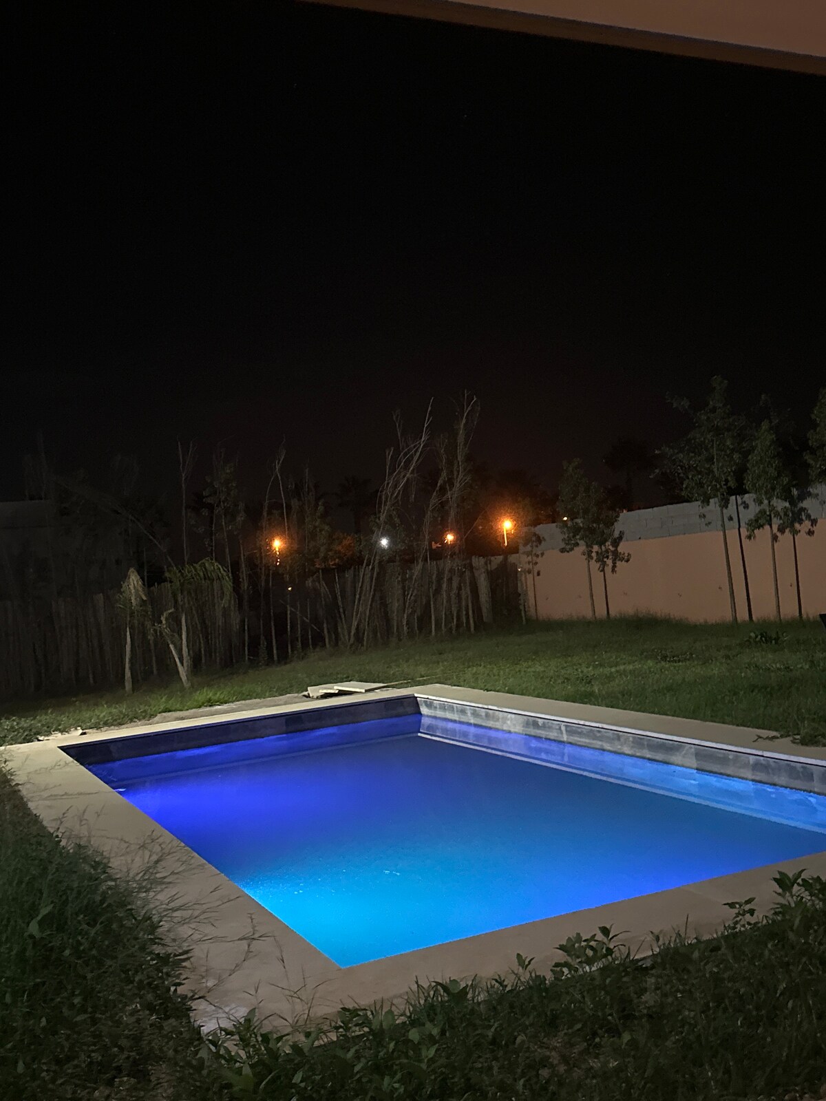 A tranquil swimming pool is surrounded by a grassy area, illuminated by soft blue lighting. The night sky provides a serene backdrop, and distant lights hint at the presence of nearby trees and vegetation.