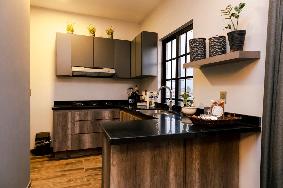 The kitchen features modern cabinetry with a sleek black countertop. Stainless steel appliances are present, along with a double basin sink. Shelves display decorative plants and kitchenware, while large windows offer natural light and a view of the surrounding area.