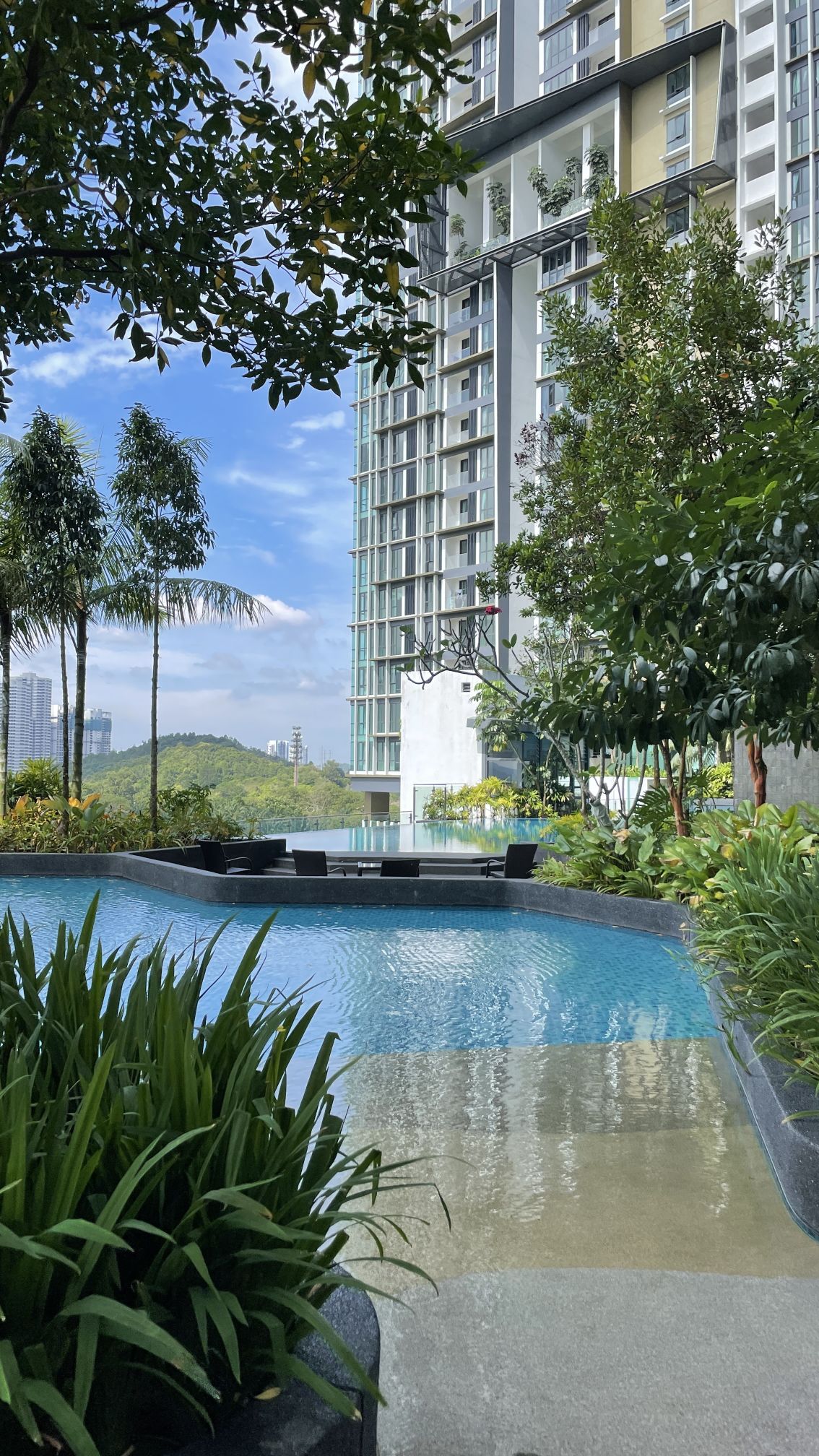 A serene infinity pool is framed by lush greenery, with modern buildings in the background. Sunlight reflects off the water's surface, and gentle hills are visible in the distance. The space encourages relaxation and tranquility amidst nature.