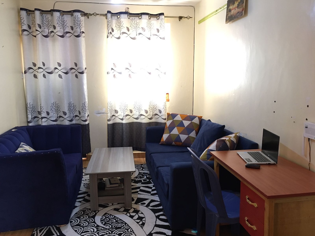 A living area features two blue sofas, complemented by a patterned throw pillow. A wooden coffee table occupies the center, with a small desk positioned against the wall, equipped with a laptop. Light filters through curtains adorned with a floral design.