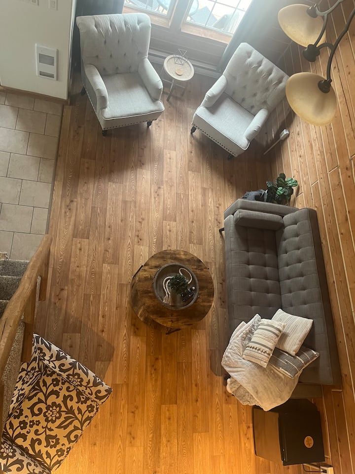 50-palcový televízor s ohniskom, futonový gauč, spoločenské hry, elektrický krb, malá chladnička na nápoje, televízne stoly a knihy. 