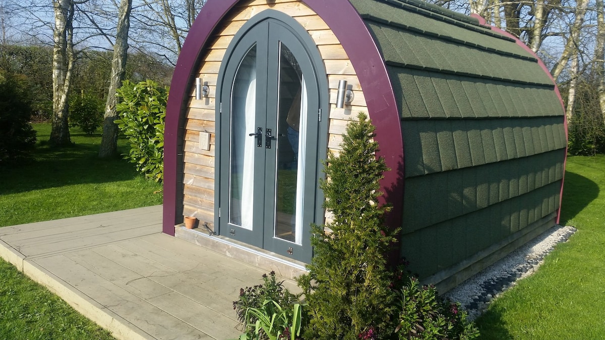 A glamping pod features a distinctive arched roof with a blend of wooden and green materials. Elegant double doors framed by decorative plants provide an inviting entrance. Surrounding the pod, a well-maintained lawn is complemented by small shrubs and colorful flowers, enhancing the natural setting.