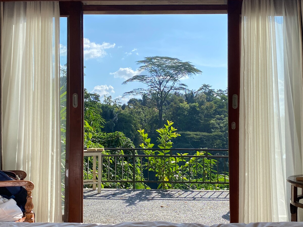 Large glass doors frame a serene view of lush greenery and a distant tree, inviting natural light into the room. Sheer curtains soften the sunlight, enhancing the connection to the outdoors and the peaceful landscape visible from the cozy sleeping area.