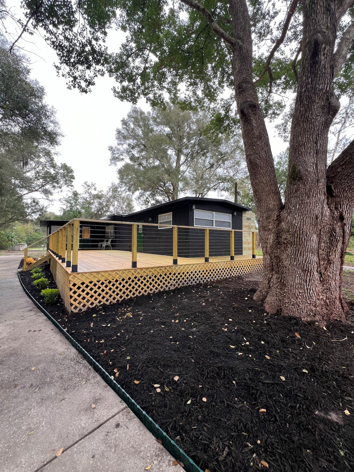A charming house is shown set against a backdrop of trees, featuring a spacious wooden deck with railing. Lush, dark mulch lines the area around a tree, enhancing the outdoor setting. The structure showcases large windows, inviting natural light into the space.