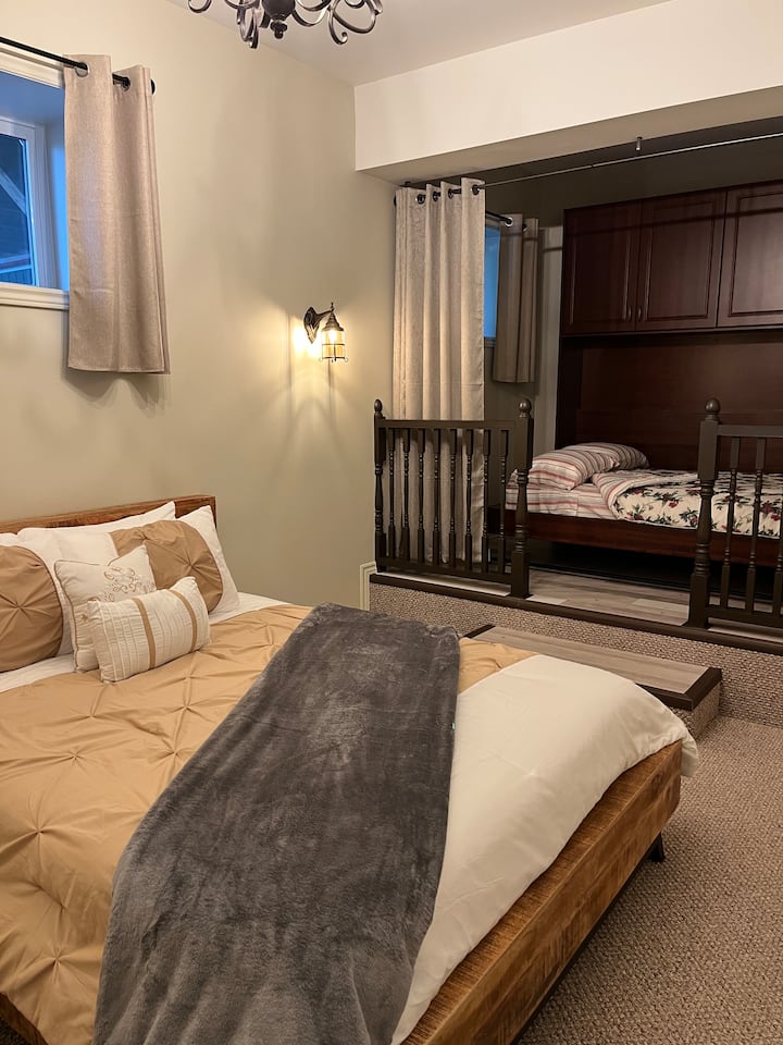 Bedroom 4 in lower lounge, Queen bed and Double bed with Privacy curtains