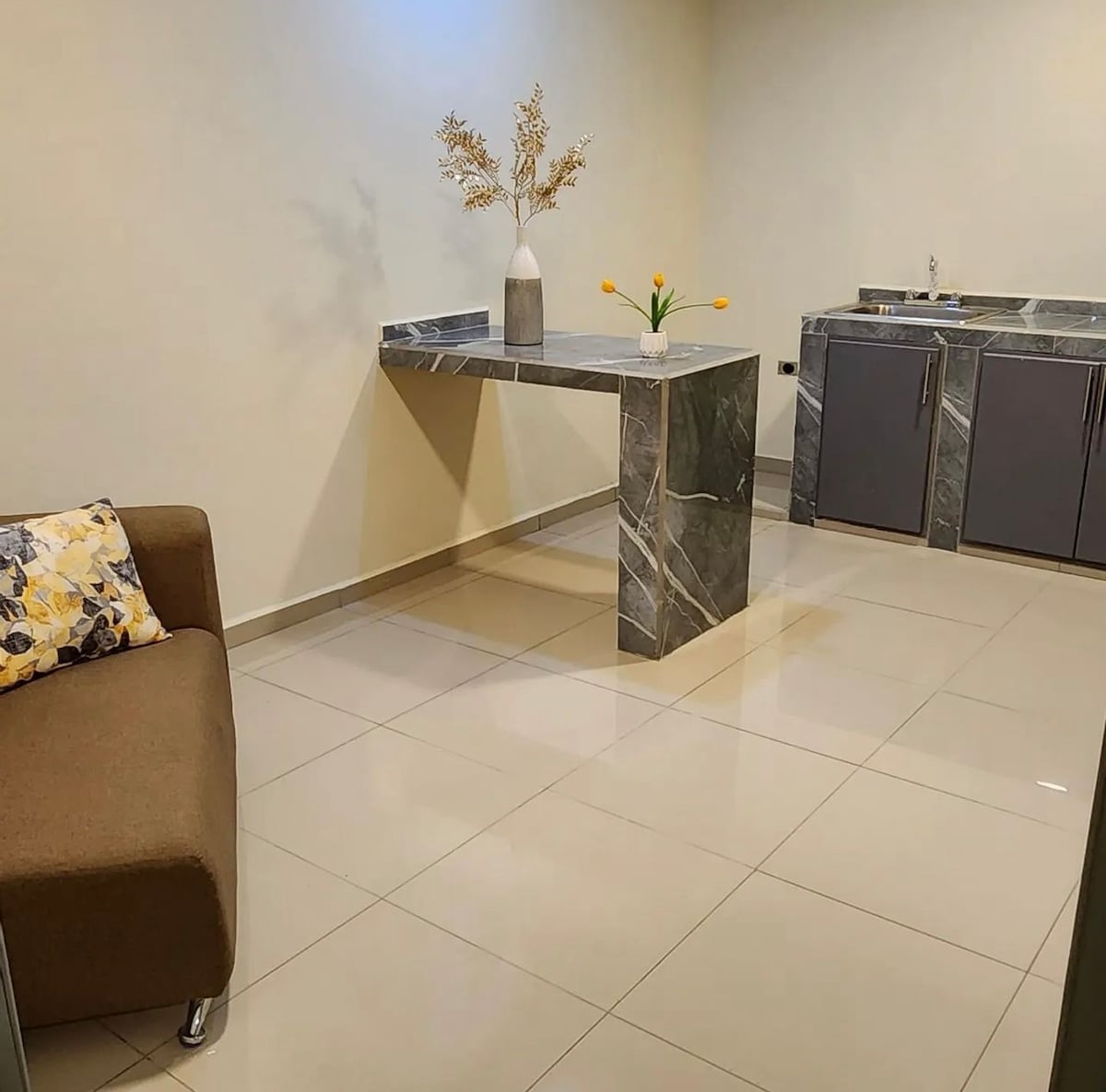 A minimalist living space features a brown sofa with a decorative pillow. A sleek marble table stands against the wall, complemented by a small vase with flowers. Cabinets in a neutral tone provide additional storage in the background, enhancing the room's functionality.
