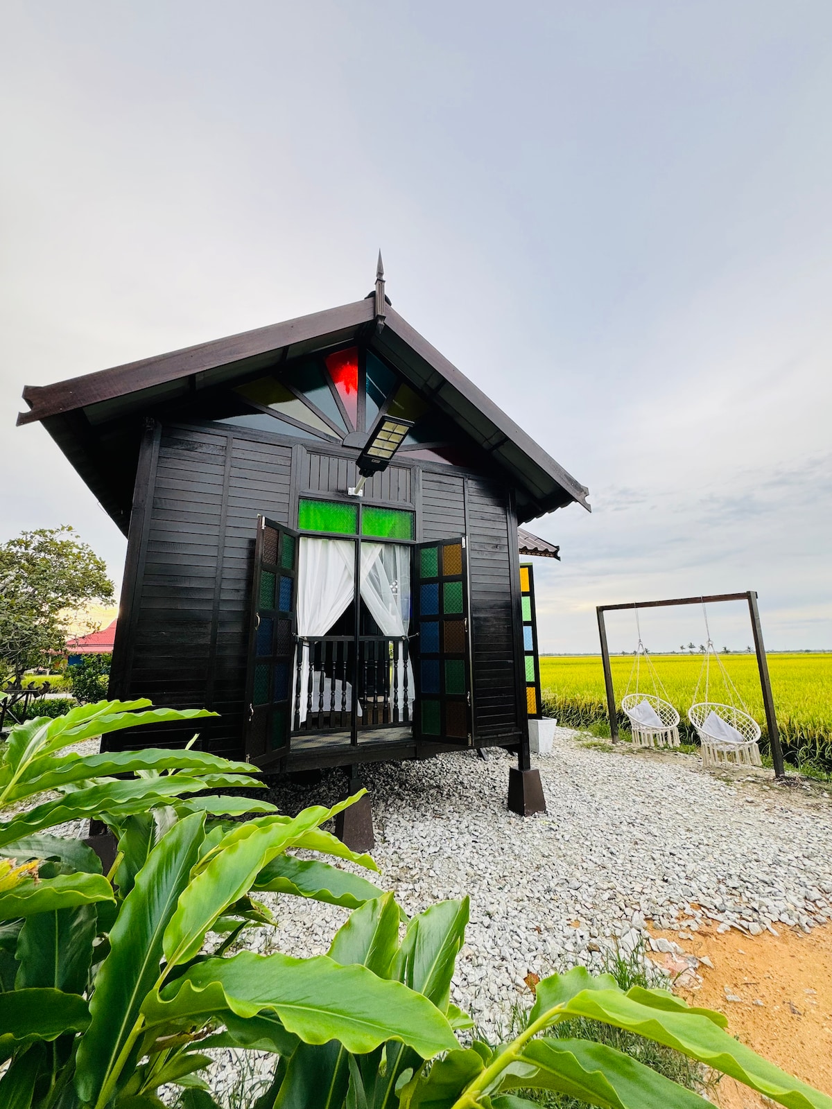 A charming traditional studio is surrounded by lush paddy fields, showcasing vibrant stained glass windows and a welcoming entryway. A pair of hanging chairs is positioned nearby, while gravel pathways lead to the entrance, enhancing the serene outdoor setting.