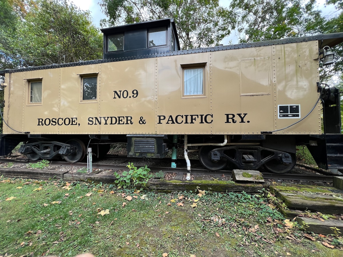 The exterior of a vintage railroad caboose is highlighted, featuring a beige facade with bold black lettering reading 'ROSCOE, SNYDER & PACIFIC RY.' A small window is visible, and greenery surrounds the base, set against a backdrop of trees.