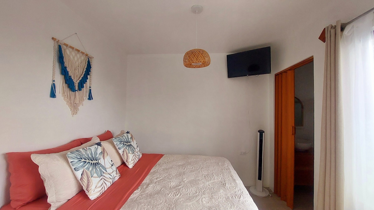 A spacious sleeping area features a bed adorned with decorative pillows. Natural light filters through sheer curtains, illuminating the neutral walls. A woven light fixture hangs from the ceiling, while a flat-screen television is mounted on the wall. A doorway leads to an adjoining room.