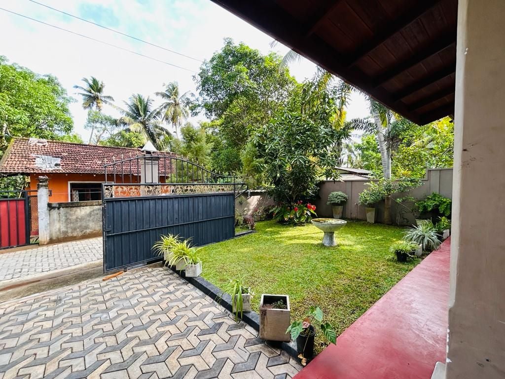 A well-maintained garden area is shown, featuring a manicured lawn with a stone birdbath at the center. Several potted plants line the pathway, while tall trees and tropical foliage create a serene backdrop. A gated entrance adds to the inviting property exterior.