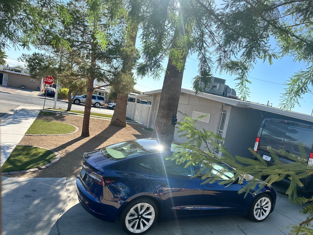 A blue car is parked on a driveway surrounded by palm trees and a grassy area. A clear sky is visible overhead, and a stop sign is positioned nearby. The neighborhood appears well-maintained, with a glimpse of additional buildings in the background.