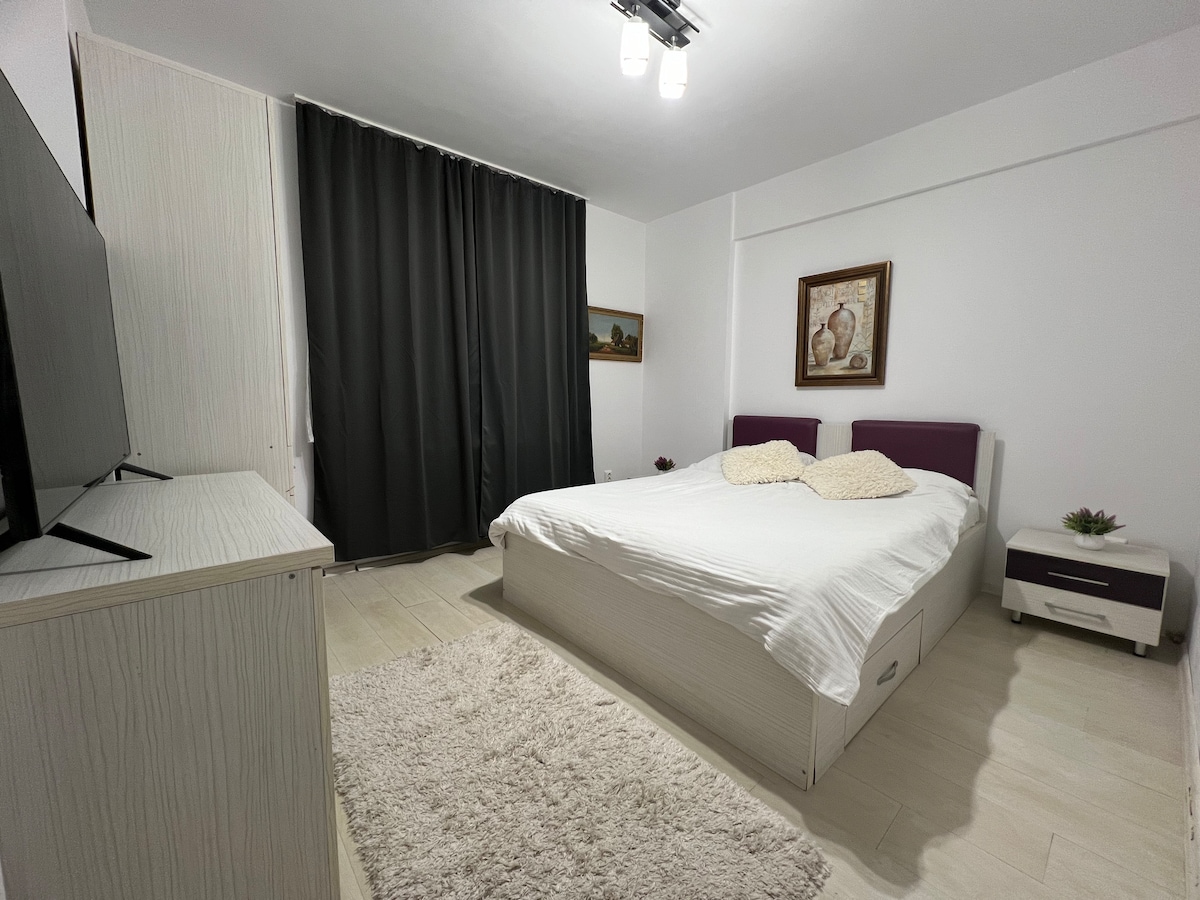 A welcoming bedroom features a spacious bed with light bedding and complimentary decorative pillows. A flat-screen television is positioned on a modern dresser. Natural light is filtered through dark curtains, adding a tranquil ambiance to the room, complemented by a piece of artwork on the wall.