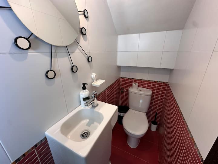Aseo con lavabo, inodoro y alicatado granate: práctico y con un toque de color.