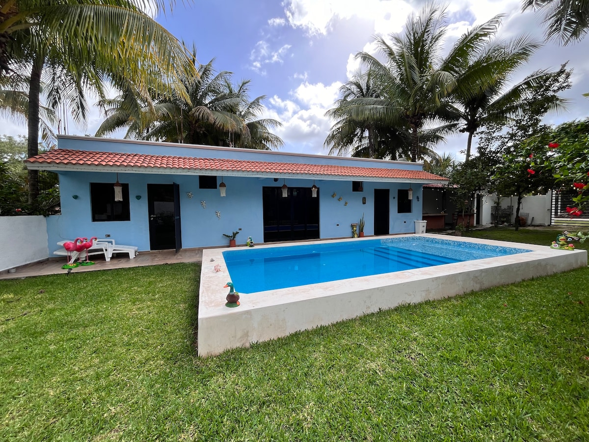 A well-maintained property features a vibrant blue exterior and a clear swimming pool surrounded by lush green grass. Palm trees provide shade, and colorful flowers enhance the landscape. Two sets of glass doors can be seen, leading into the welcoming interior spaces.
