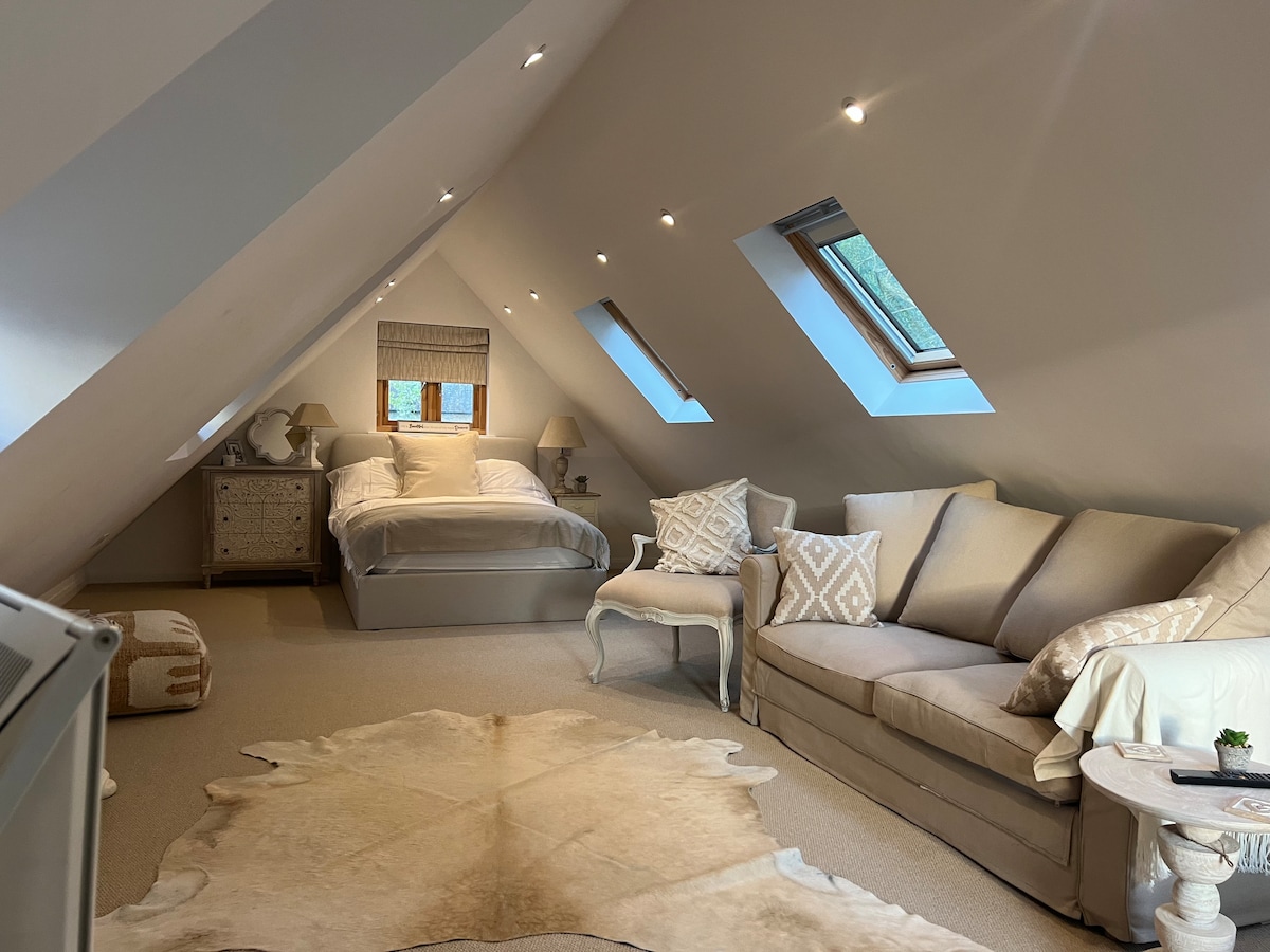 A spacious upper-level room features a comfortable bed and a sofa positioned against slanted ceilings. Natural light enters through two skylights, illuminating neutral tones and soft textures. A stylish area rug adds warmth, while decorative pillows enhance the inviting atmosphere.