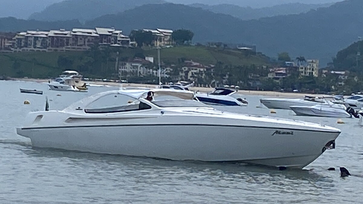A sleek white motorboat is anchored in calm waters, surrounded by a scenic shoreline. In the background, various boats are moored near a hilly coastline adorned with residential buildings, creating a tranquil waterfront atmosphere.