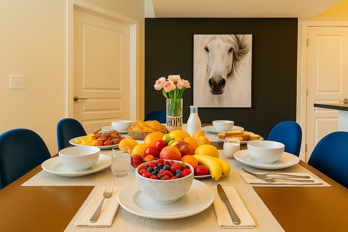 A dining table is set for a meal, featuring bowls of fresh fruits such as bananas, strawberries, and blueberries. Plates of breakfast items, glasses of water, and a vase of pink flowers complement the setting. A large artwork of a horse is displayed on the wall.