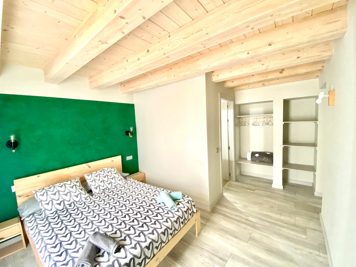 A spacious sleeping area features a large bed with patterned bedding against a striking green accent wall. Wooden beams enhance the room's natural feel. A closet area is visible, providing hanging space and shelving for convenience.