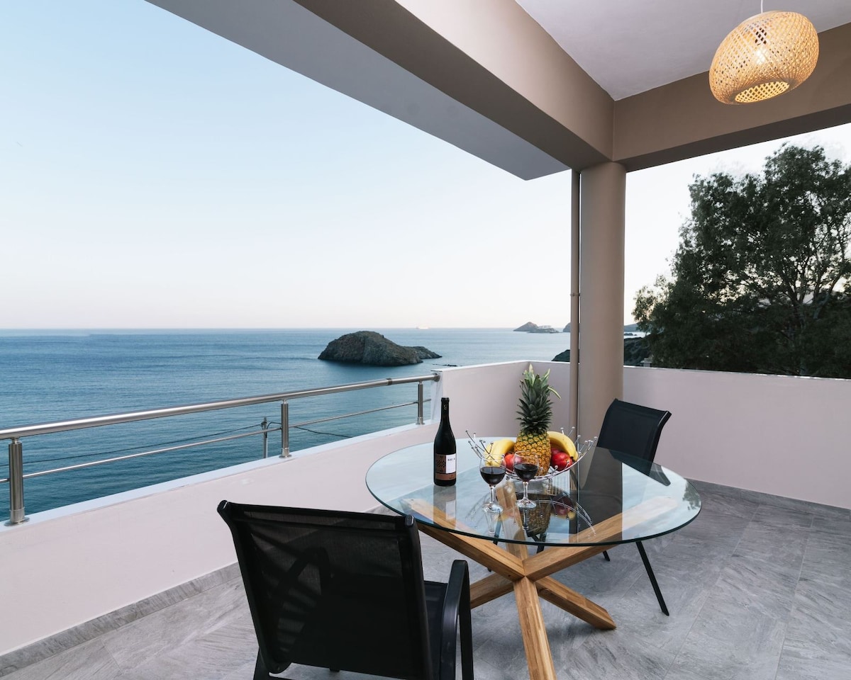 An outdoor dining area is displayed with a round glass table and two black chairs. A fruit bowl and two glasses sit on the table, with a scenic sea view visible beyond the railing. The clear sky complements the tranquil coastal environment.