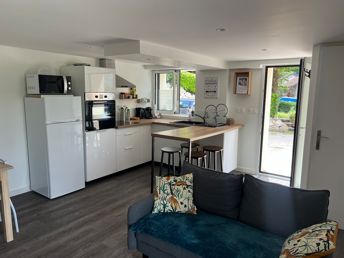 The kitchen area features modern appliances, including a refrigerator, microwave, and an oven. A central island with seating invites casual dining. Natural light enters through a large window and an adjacent glass door, leading to the outdoor space. A comfortable sofa adds to the welcoming ambiance.