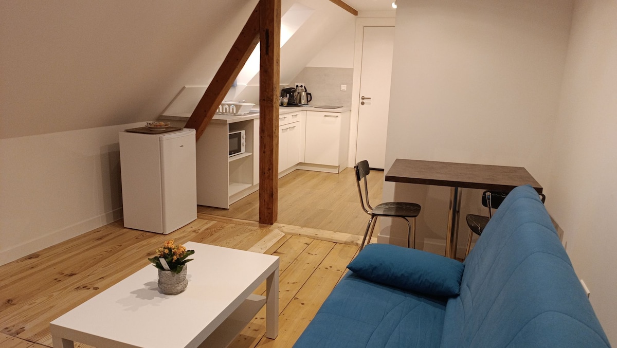 A bright and airy duplex living area features light wooden flooring and exposed wooden beams. A blue sofa is positioned next to a white coffee table. A kitchenette is equipped with a microwave and coffee maker. A dining table with chairs is also present.