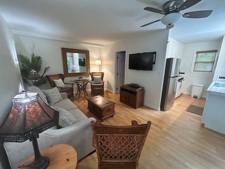 Sala de estar con comedor, puerta corrediza de vidrio, ventilador de techo y sofá cama de tamaño completo