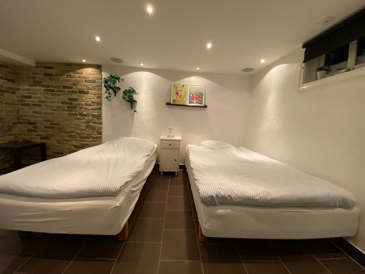 The sleeping area features two individual beds with striped bedding, positioned parallel to each other. Soft, ambient lighting is provided by recessed ceiling lights. A small bedside table sits between the beds, complemented by a decorative shelf above with framed artwork. One wall showcases rustic stone accents.