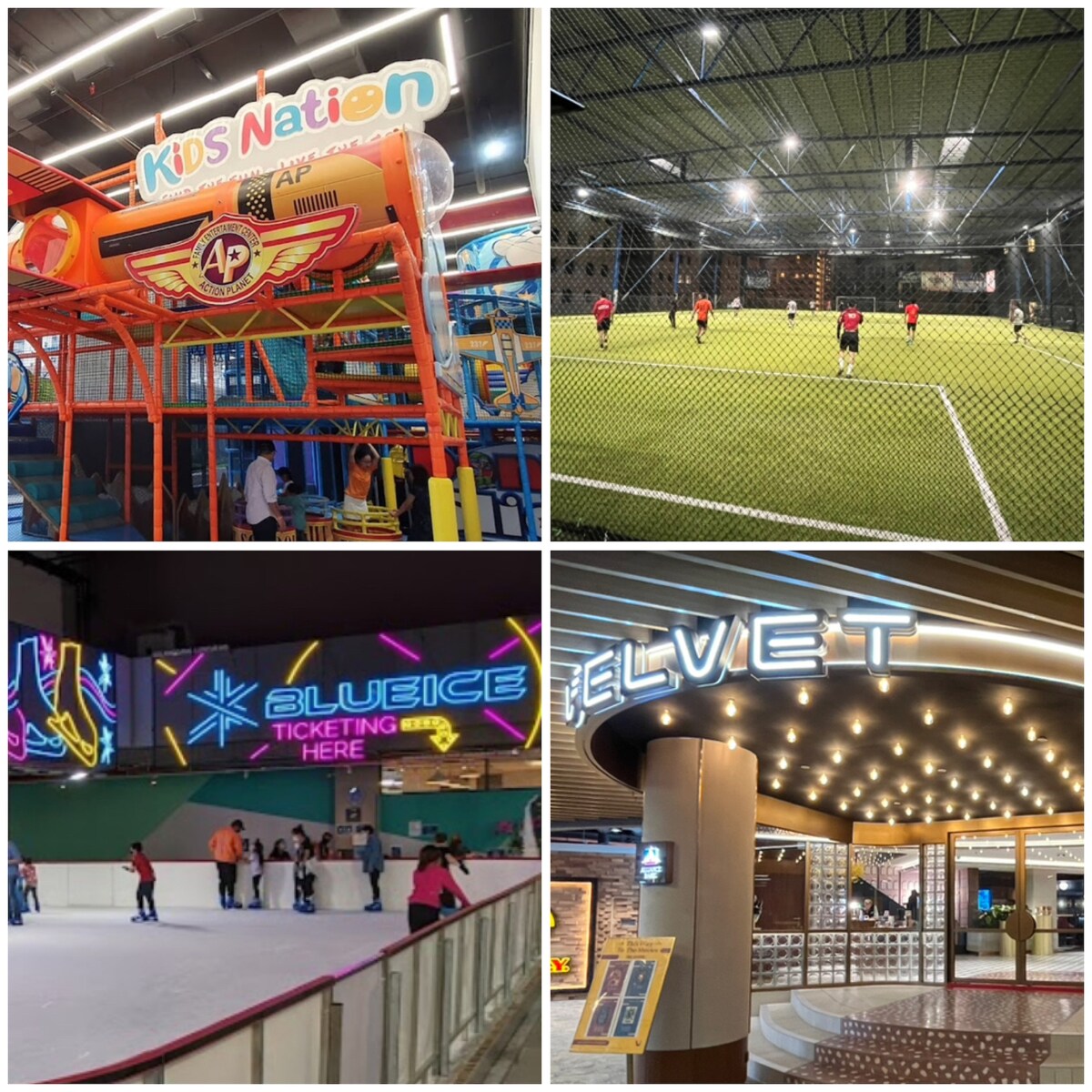The image showcases a vibrant indoor playground, featuring colorful play structures designed for children. Adjacent, an indoor soccer field is visible with players engaged in a match. A skating rink is shown, with visitors gliding on ice beneath illuminated signs. The entrance to a facility is highlighted, featuring sleek signage and inviting lighting.