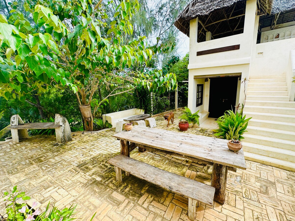 An outdoor dining area features a rustic wooden table accompanied by long benches, set against a backdrop of lush greenery. A large tree provides shade, while the building's stairs lead up to a welcoming entrance. Potted plants add a touch of nature to the space.