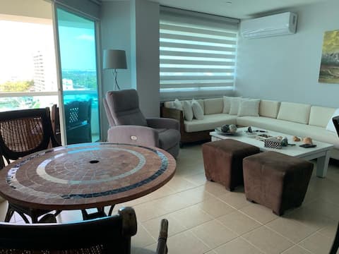 An apartment with a view and access to a private beach