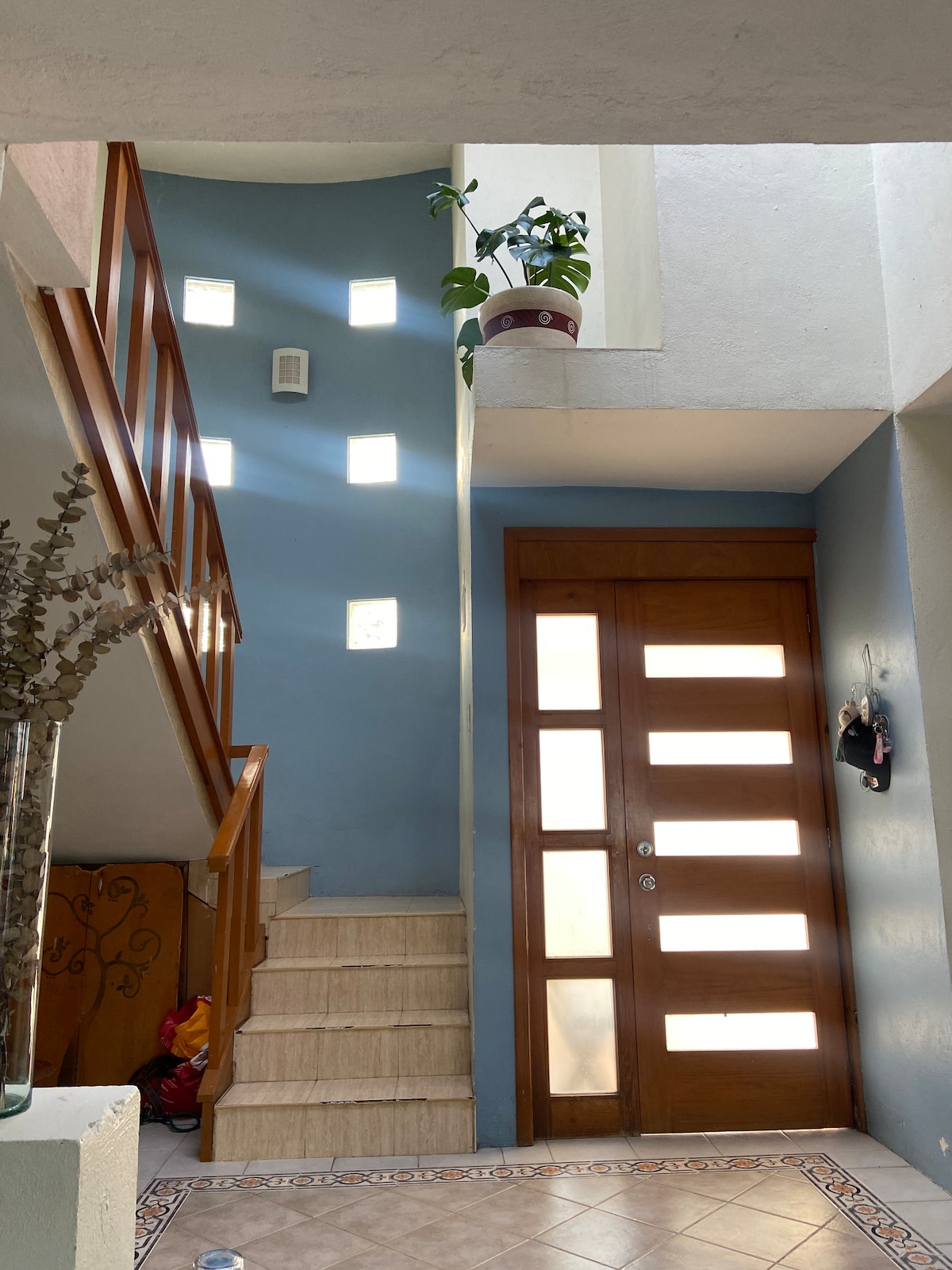 A well-lit entrance features a staircase leading to the upper floor, with a potted plant placed near the landing. Soft light filters through square windows, illuminating the blue walls. The wooden front door contains multiple horizontal panels, enhancing the welcoming ambiance.