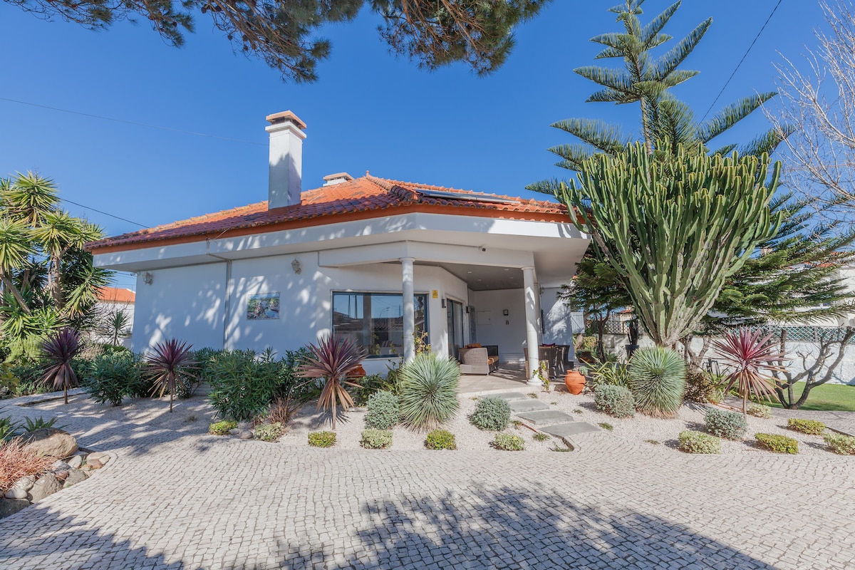 A charming single-story property is surrounded by well-maintained landscaping with a variety of green plants and decorative stone pathways. A terracotta roof is complemented by a covered entrance, leading into the inviting interior. Sunlight casts gentle shadows, enhancing the tranquil ambiance.