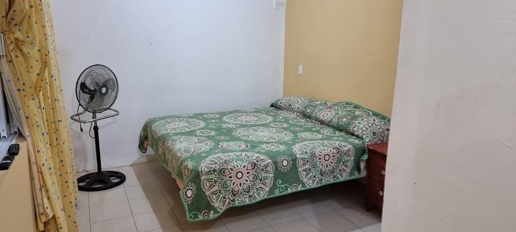 A simple bedroom is presented with a spacious bed covered in a green patterned bedspread. A small nightstand sits beside the bed, and a fan is positioned nearby for comfort. Light yellow walls create a warm atmosphere.