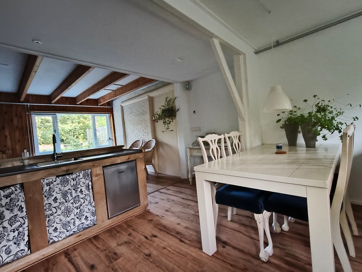 The open kitchen features a wooden ceiling with exposed beams, complemented by a spacious dining table. Natural light enters through large windows, illuminating the area. A subtle decorative plant is positioned on the table, adding a touch of greenery to the space.