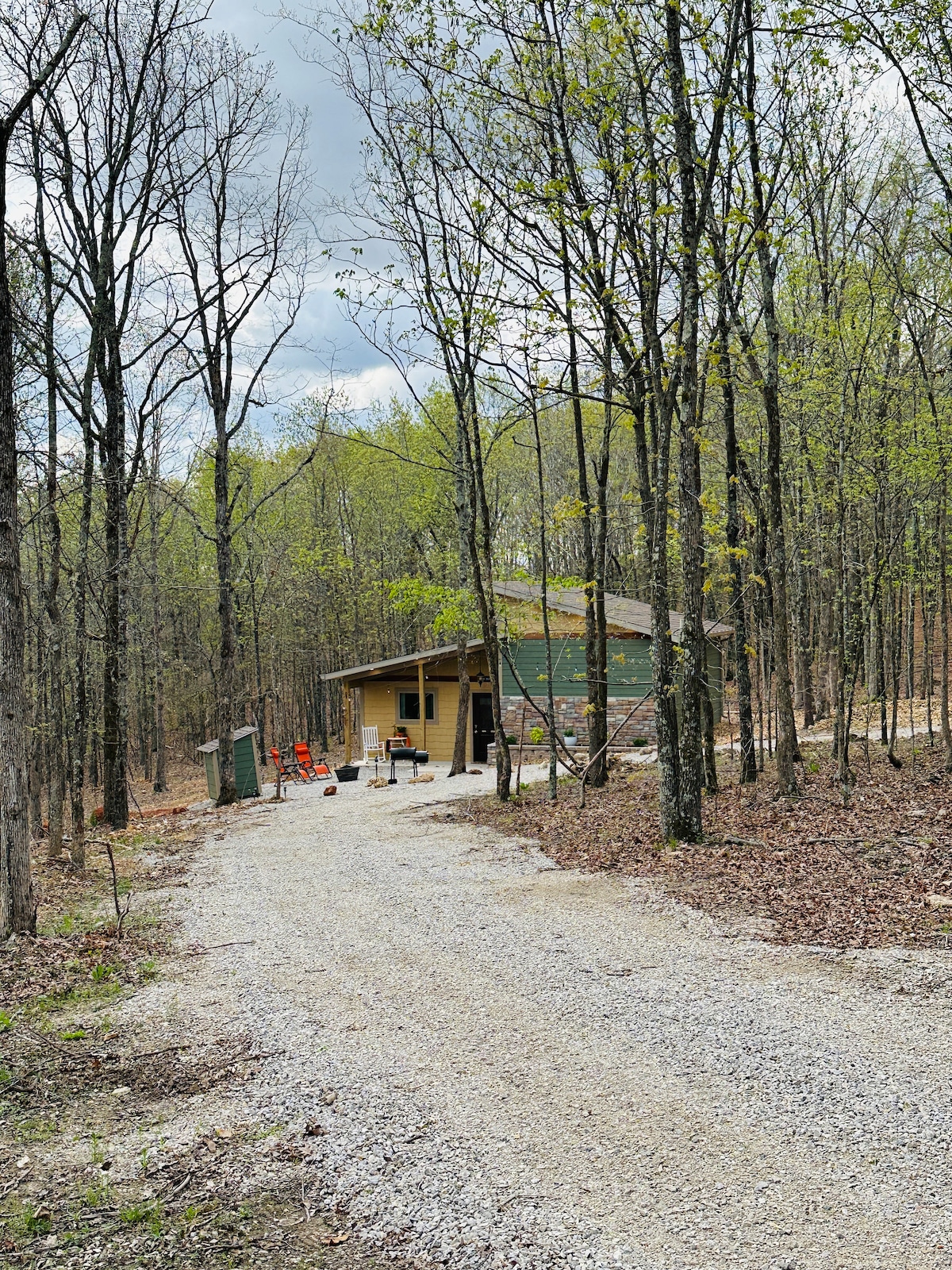 A gravel driveway leads through a wooded area toward a secluded cabin nestled among tall trees. The cabin features an inviting porch and is surrounded by lush greenery, creating a serene and private atmosphere.