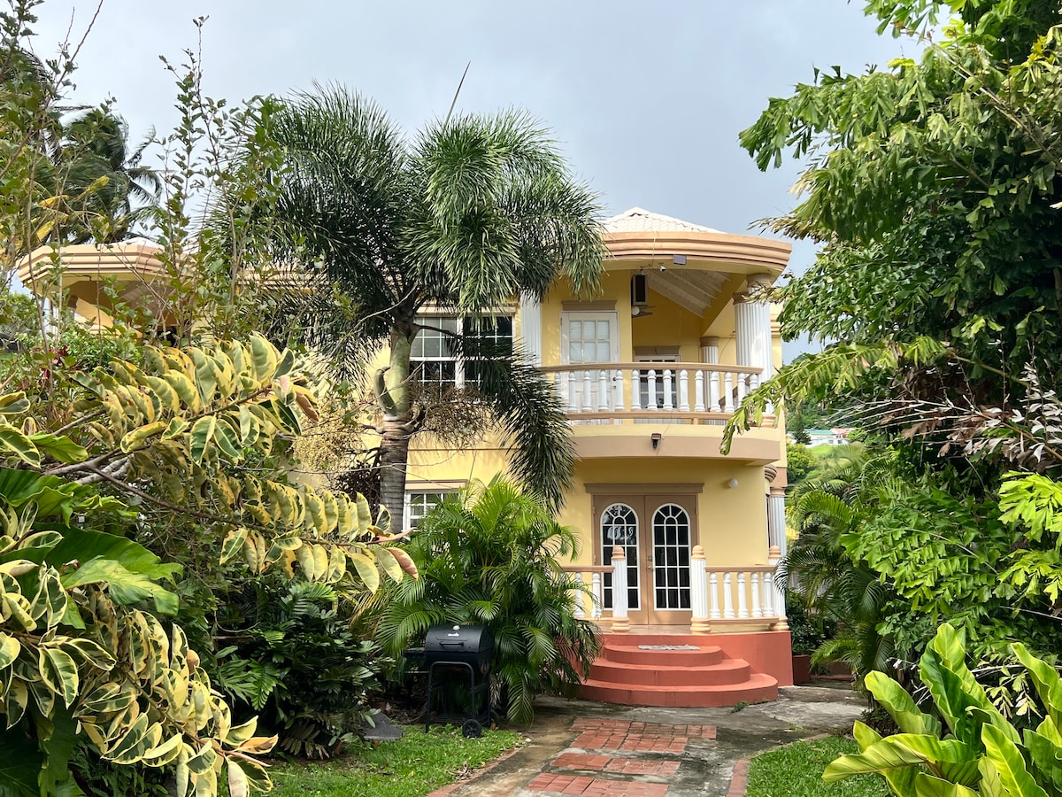 A two-story house with a yellow exterior is framed by lush greenery, including palm and coconut trees. A set of steps leads to an inviting entrance with arched double doors. The balcony above features decorative railings, contributing to the charming structure.