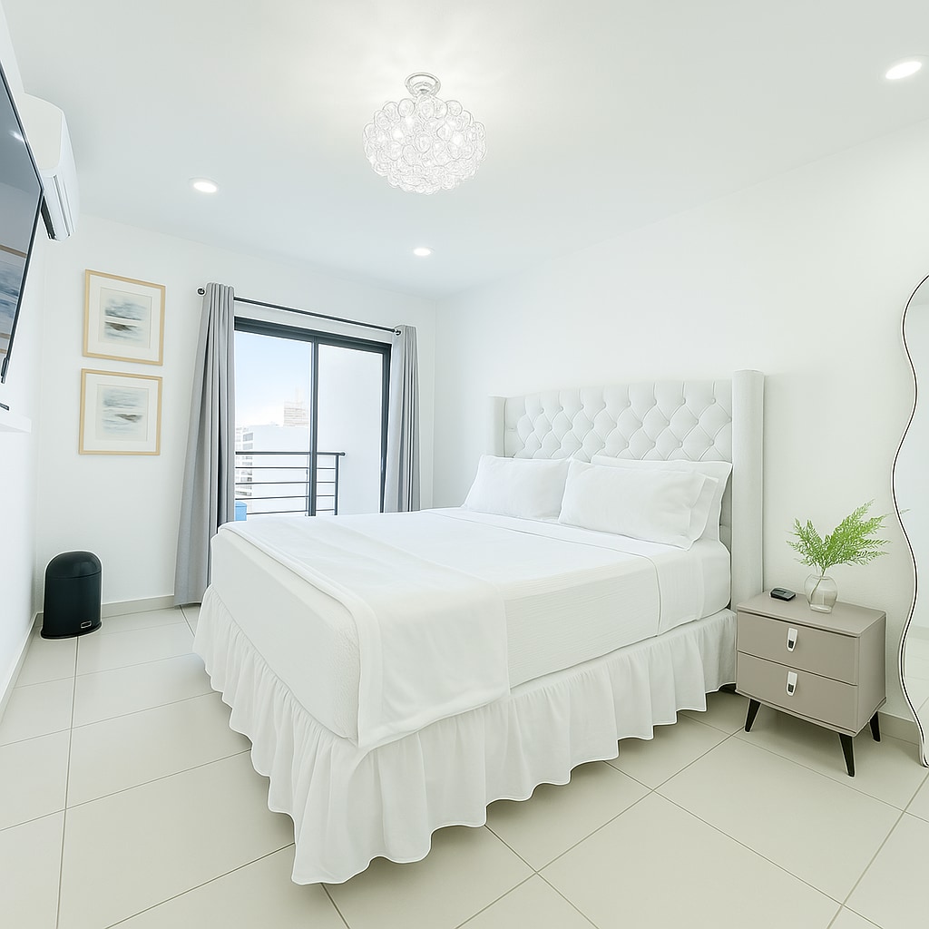 A bright bedroom is featured with a spacious bed adorned in crisp white linens. Two framed artworks are displayed on the wall, and large windows are dressed with light curtains, allowing natural light to fill the space. A plush armchair and small bedside table add functionality.