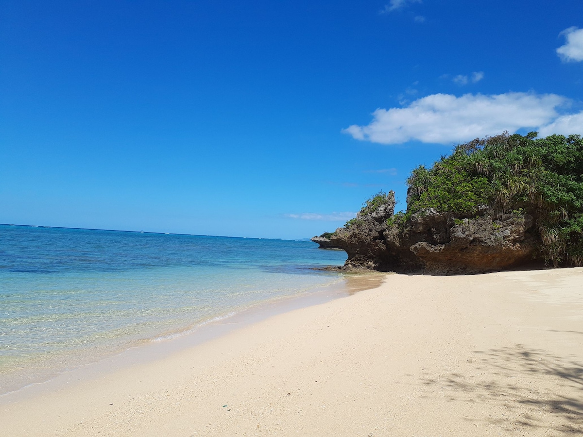 A serene beach showcases smooth, golden sand meeting clear, blue waters under a bright sky. Lush greenery frames the rocky coastline, creating a natural contrast against the tranquil seascape. The gentle waves lap at the shore, enhancing the peaceful ambiance.