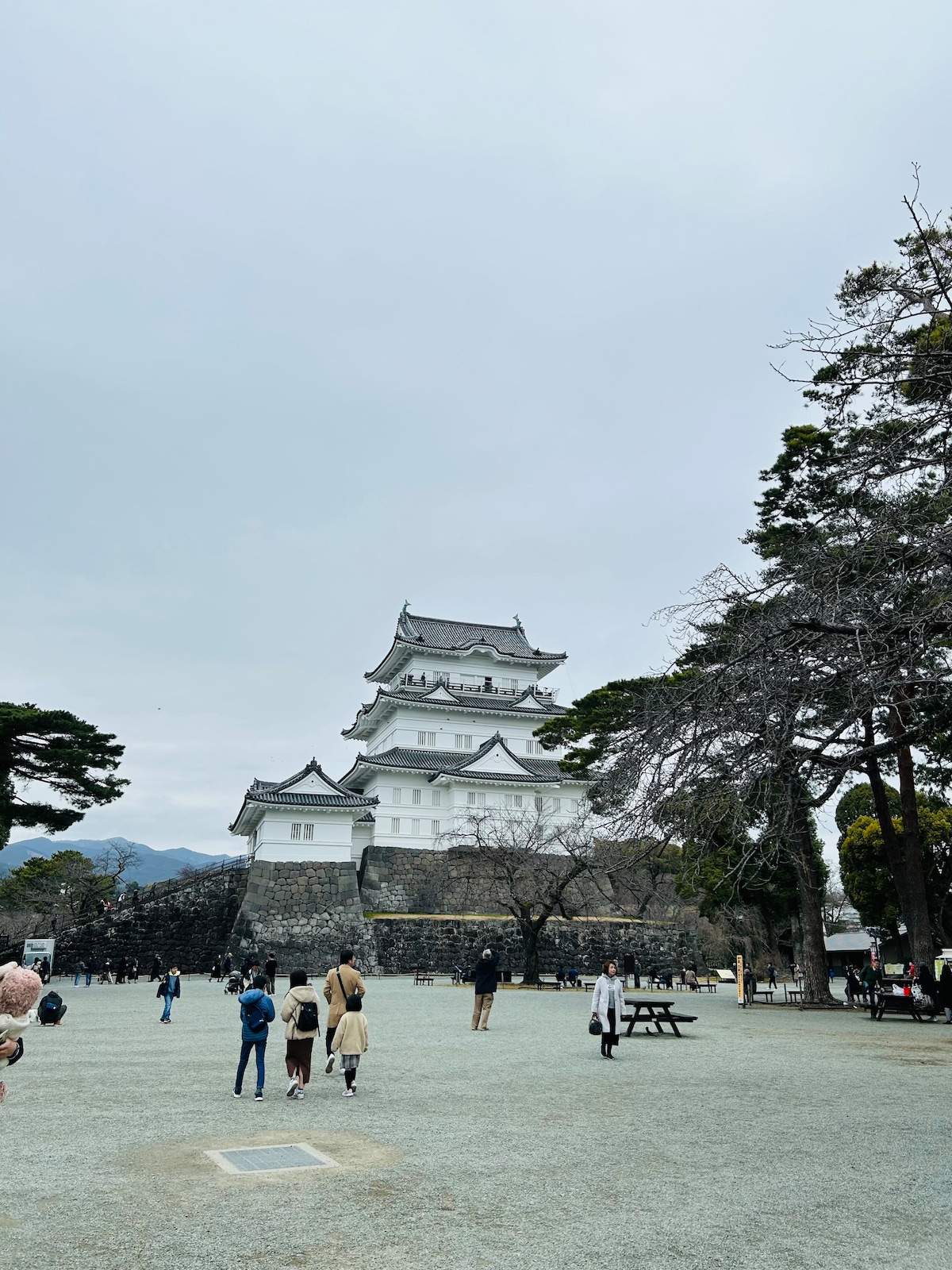 A historic castle towers in the background, its white walls contrasting against a cloudy sky. Visitors are seen walking on a gravel pathway, surrounded by trees. A spacious area in the foreground allows for leisurely exploration, enhancing the tranquil ambiance of the site.