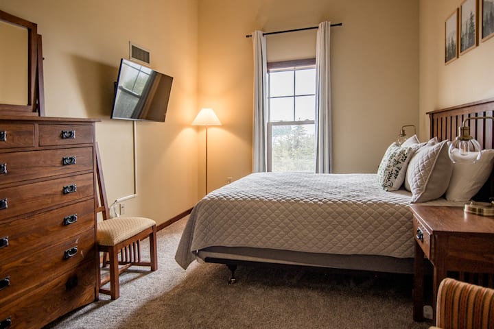 Chambre confortable avec lit Queen Size, télévision, vue par la fenêtre et touches chaleureuses en bois