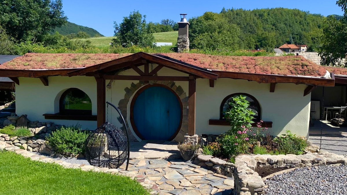 The charming exterior of the cottage features a rustic roof covered in lush greenery, complemented by a large circular blue door. Natural stone pathways and vibrant plants create an inviting entrance, with gentle rolling hills visible in the background.