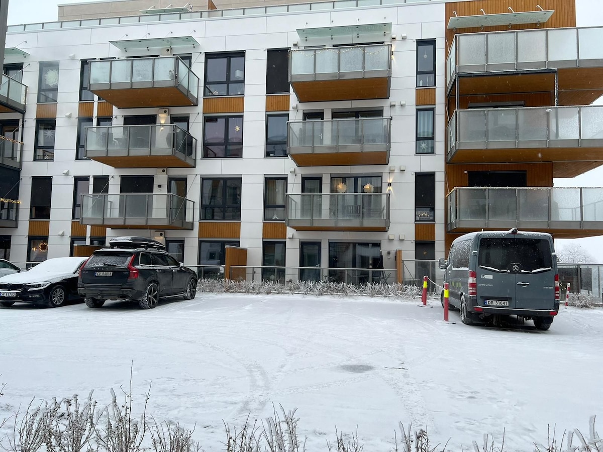 The apartment building features a modern design with a mix of white and wooden paneling. Balconies are visible on the upper floors, and vehicles are parked in a snow-covered lot. Snow blankets the ground, creating a serene winter atmosphere around the property.