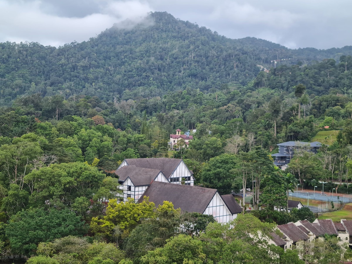 A cluster of charming buildings with traditional architecture is nestled among lush greenery, surrounded by dense forested hills. The landscape showcases a variety of trees, with soft clouds resting atop the mountains, creating a serene and tranquil atmosphere.