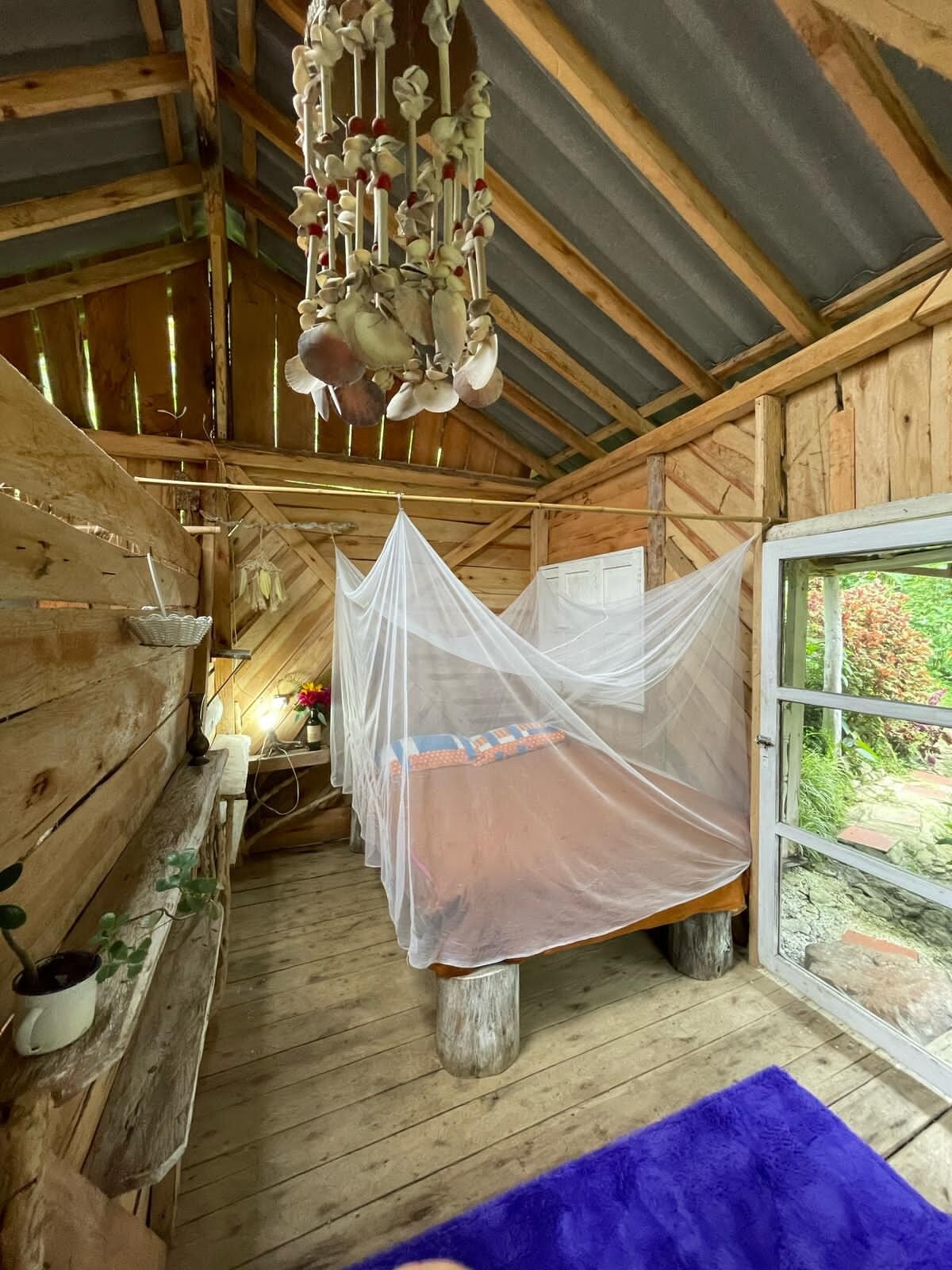 The interior of the rustic cabin features wooden walls and flooring, complemented by a cozy bed draped in a mosquito net. A chandelier with decorative elements hangs above. A large window offers views of the outdoors, while a small shelf holds potted plants.