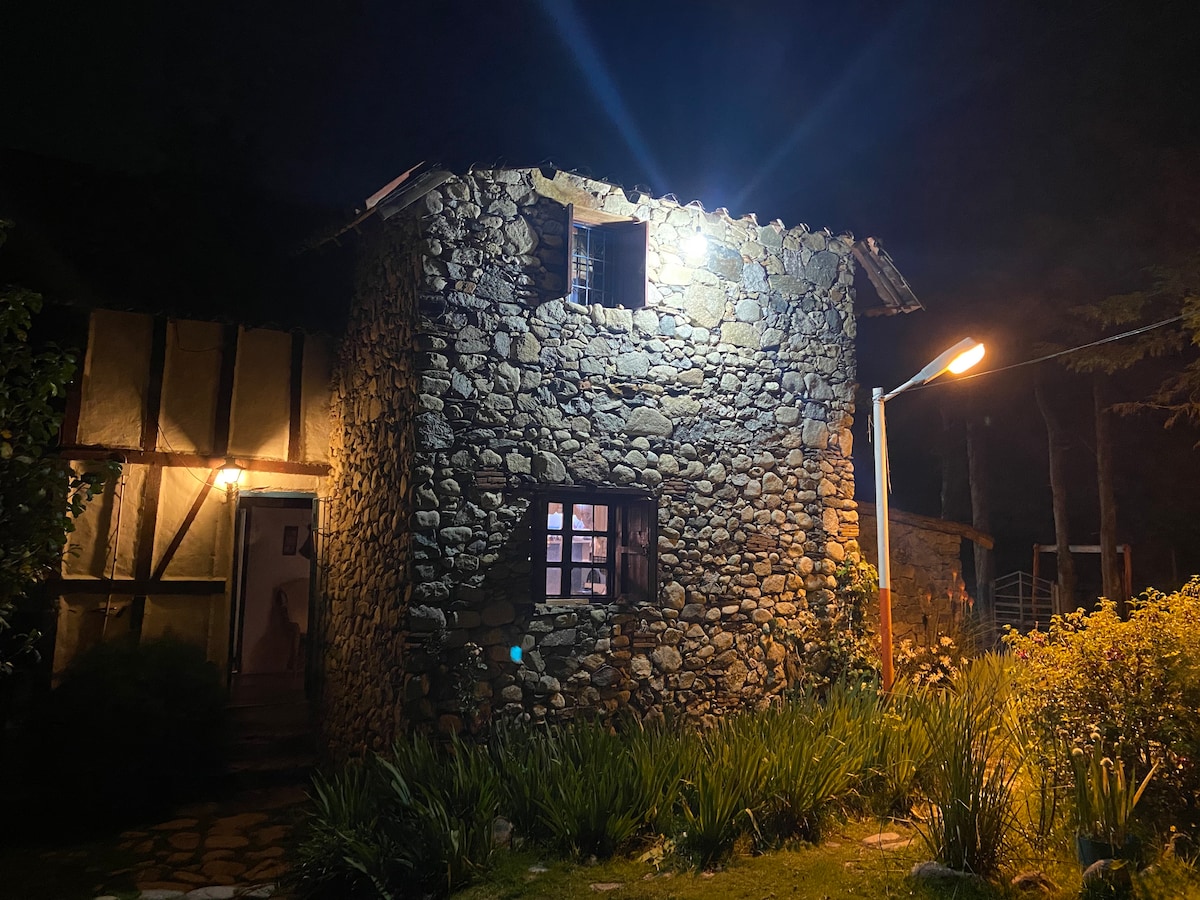 The rustic stone house is illuminated by exterior lighting, highlighting its textured facade. Dark windows contrast against the stone walls, while a soft glow from a nearby lamp casts light on the surrounding greenery and pathway.