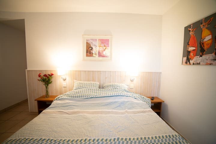 Cette chambre au style épuré allie confort et fonctionnalité. Le lit double, habillé de linge de qualité, promet des nuits reposantes.