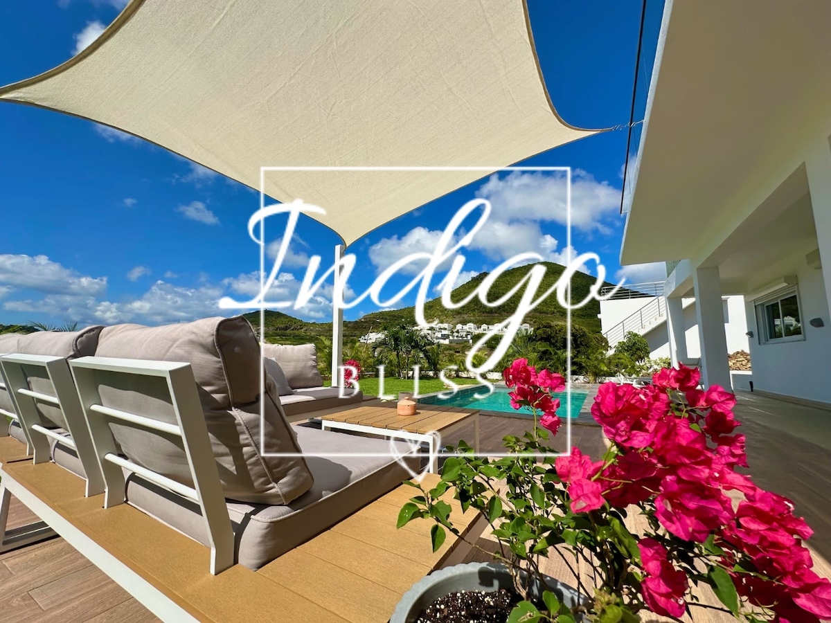 A spacious outdoor area is visible, featuring comfortable seating under a shaded awning. Tropical flowers add vibrant color to the scene, and the inviting infinity pool can be seen in the background, surrounded by lush greenery and clear blue skies.
