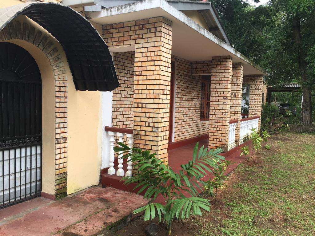 The exterior showcases a brick façade featuring a covered entrance supported by two columns. A concrete walkway leads to the door, with neatly arranged greenery and small plants flanking the pathway. The setting is surrounded by lush vegetation, contributing to a serene atmosphere.