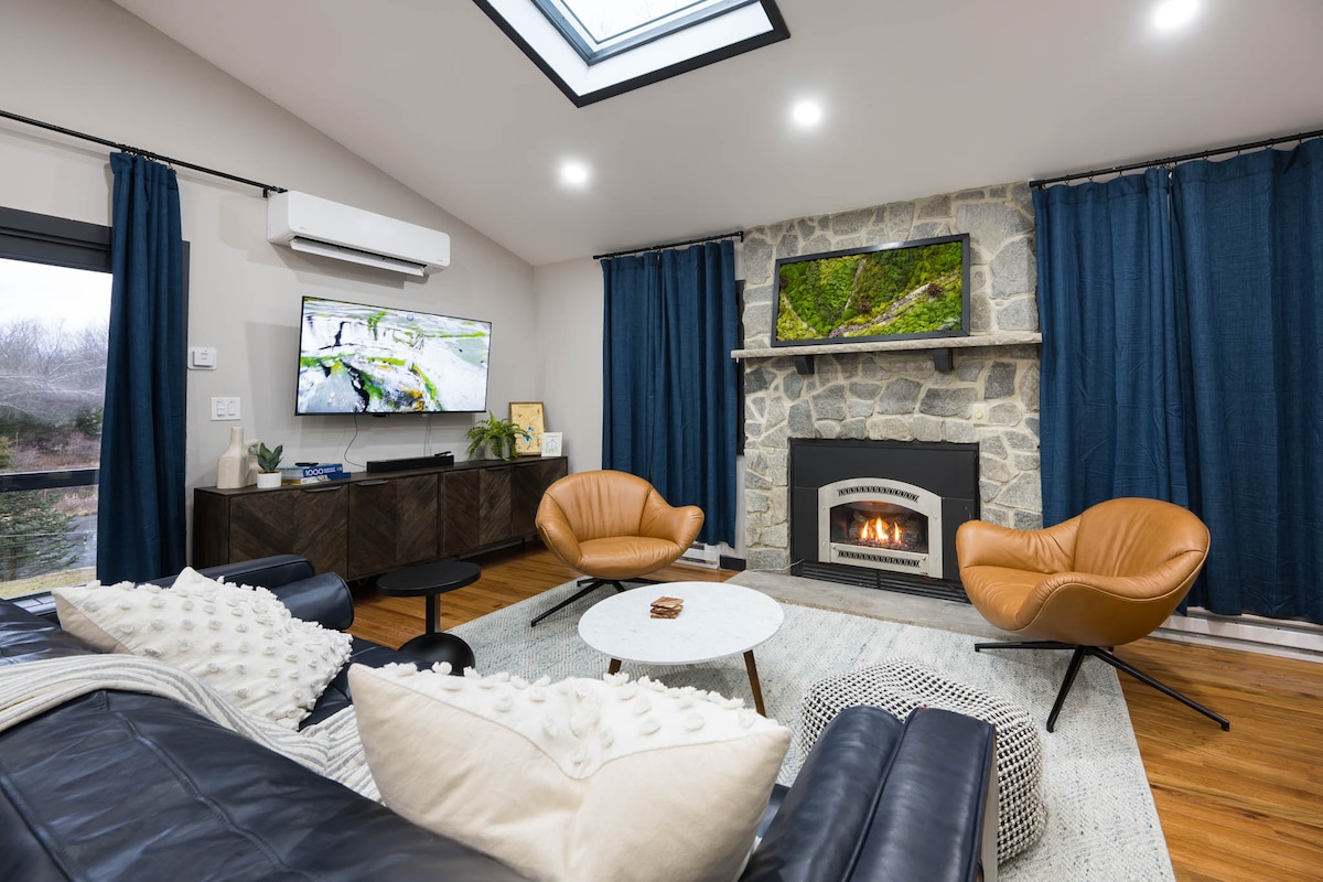 A modern living room features a large skylight above a stone fireplace. Two stylish chairs in warm tones are positioned opposite a dark sofa, and a circular coffee table rests on a textured rug. Natural light is complemented by deep blue curtains framing the windows.