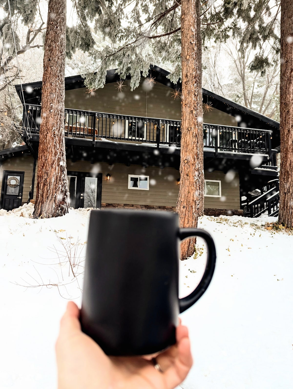 A person holds a black mug in the foreground, while a two-story holiday home is seen in the background surrounded by snow and tall pine trees. Flakes of snow are falling gently, adding to the serene winter atmosphere.